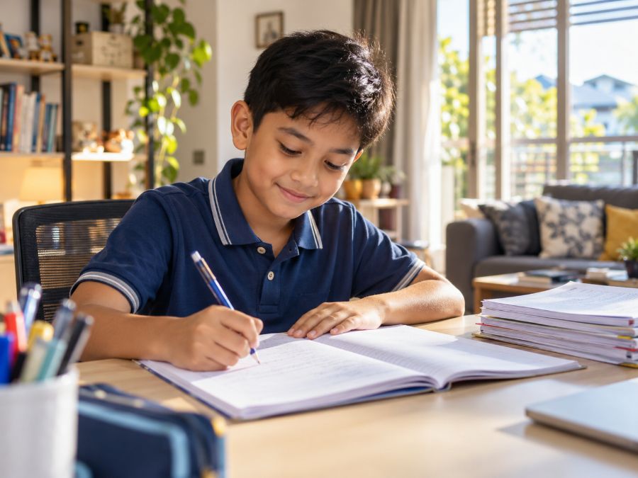 Anak lelaki fokus menulis di meja belajar dengan kerja sekolah yang dah siap