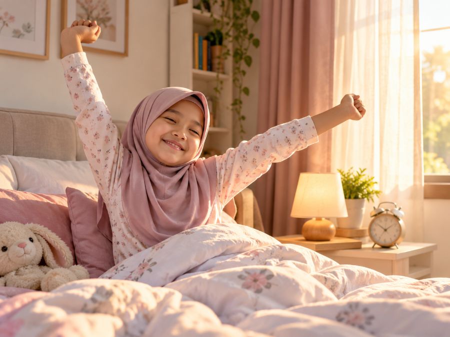 Anak perempuan bertudung bangun pagi sendiri sambil tersenyum dan meregang